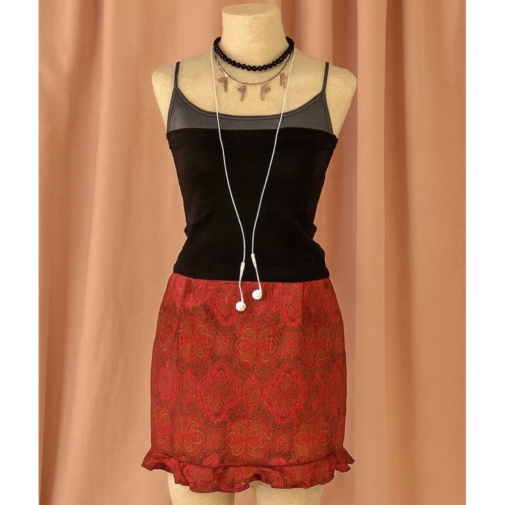 Vintage Y2K Stringbean Womens Red Satiny Floral Ruffle Hem Skirt sz 3 Dainty USA